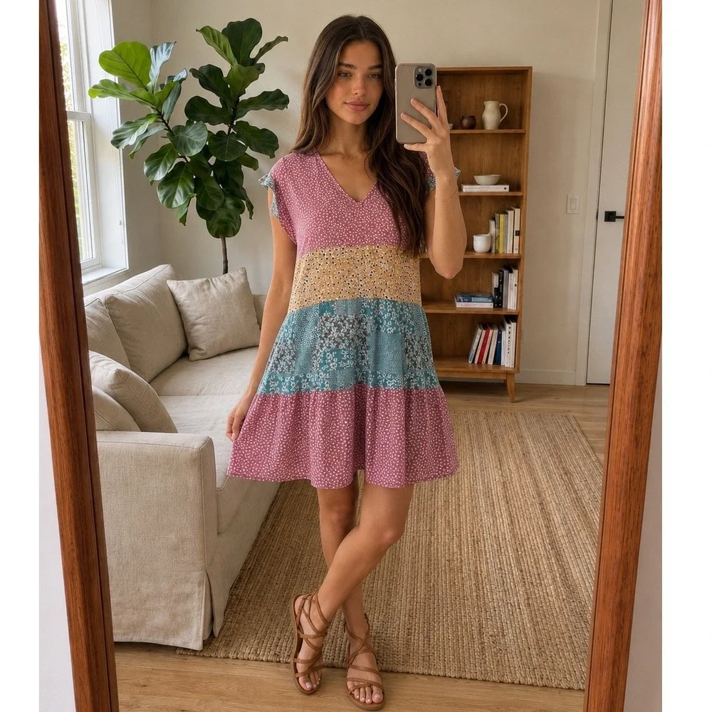 Kori Floral Parchwork Mini Dress Medium Multicolor Tiered Boho Cottage Summer - Picture 1 of 9